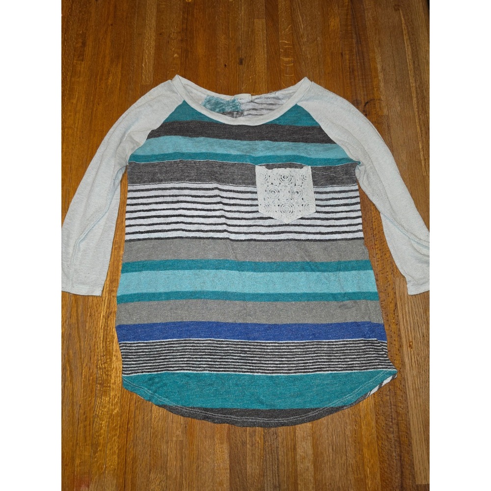 Flamingo Urban Women XL Teal Gray Knit Striped Pocket 3/4 Sleeve Raglan Top